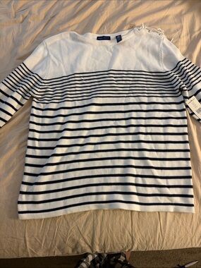 Karen Scott White and Navy Striped Crewneck Sweater